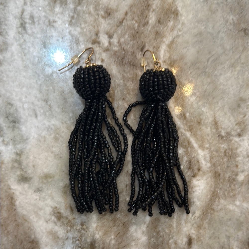 Elegant Black Beaded Tassel Earrings